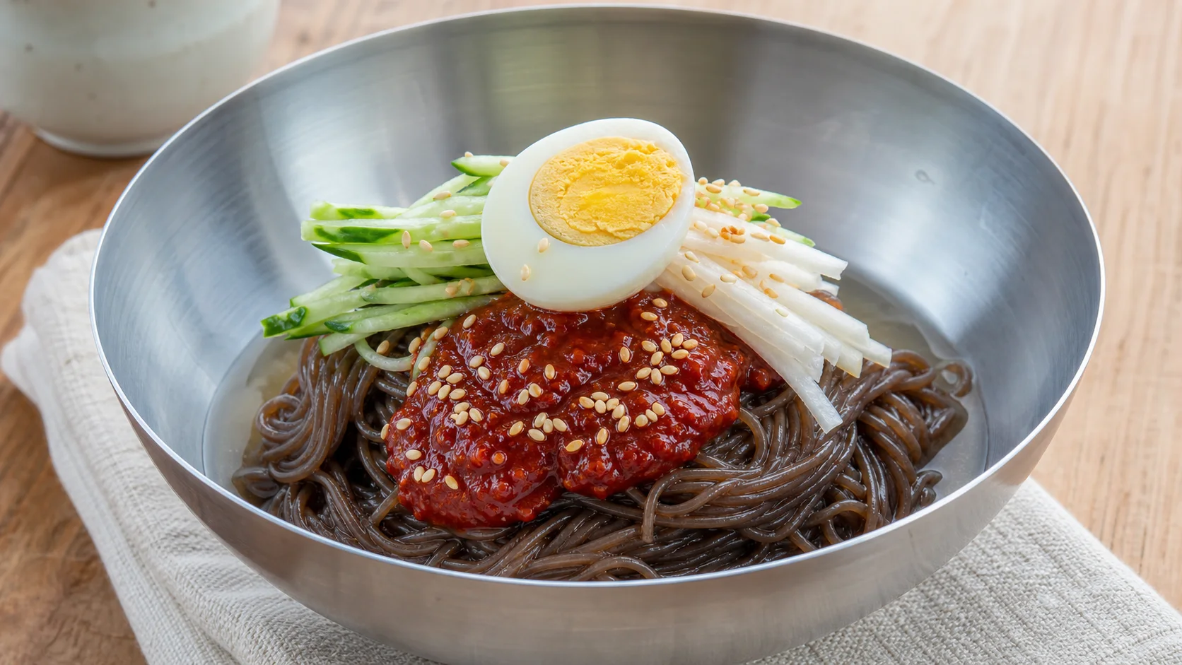 스테인리스 그릇에 담은 한국식 비빔냉면 한 그릇